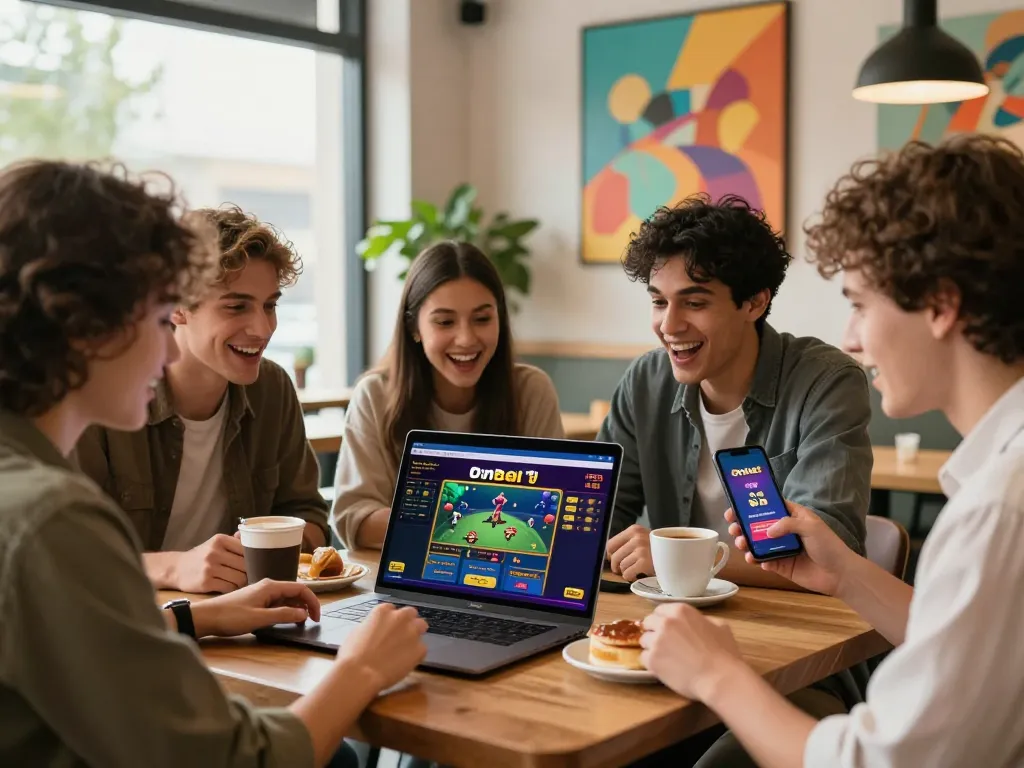Friends engaging with Onbet online gambling at a vibrant coffee shop while discussing strategies and promotions.