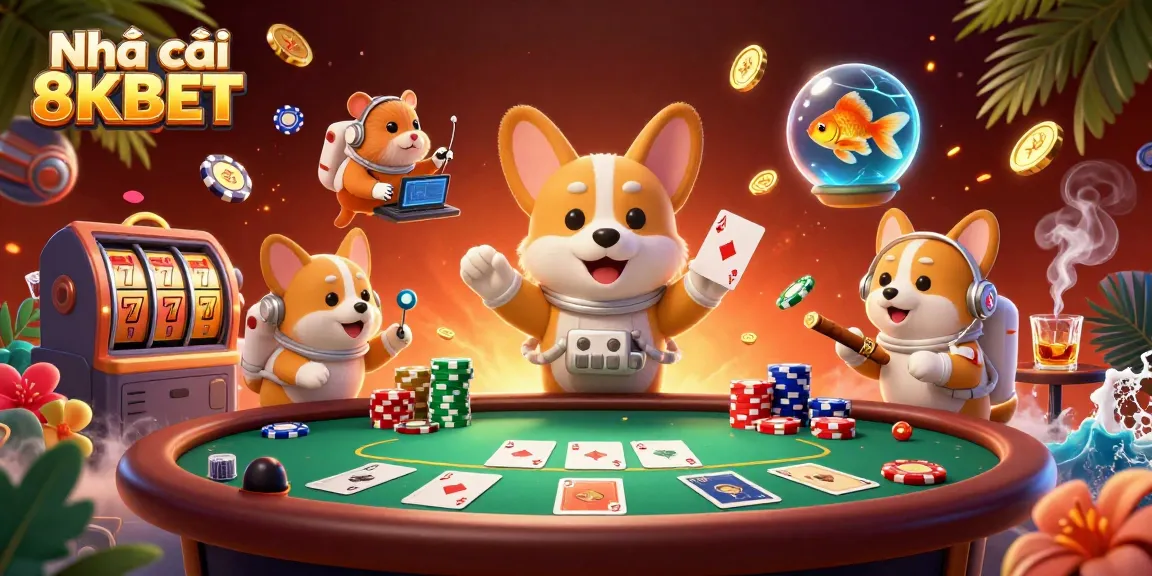In the vibrant scene of Nhà cái 8KBET, a cartoon astronaut corgi floats in a cosmic casino, rich with poker chips.
