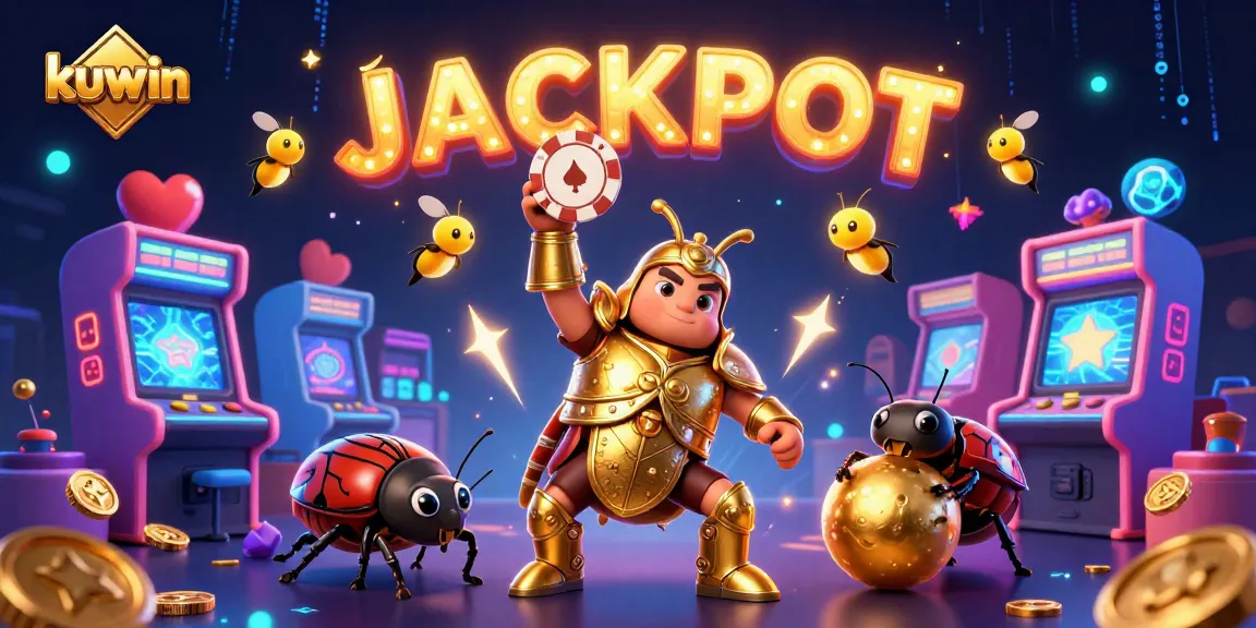 Kuwin offers exciting gameplay with a 3D cartoon hercules beetle celebrating a huge jackpot victory in a vibrant casino scene.