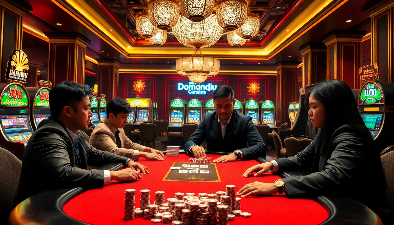 Dominoqiu players engage intensely at a luxurious poker table surrounded by vibrant slot machines.