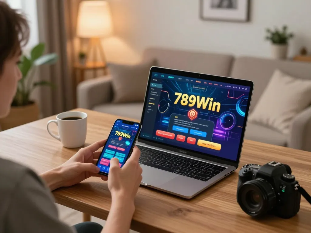 Engaging with the 789Win app for online gambling, showcasing a cozy home setup with stylish decor.