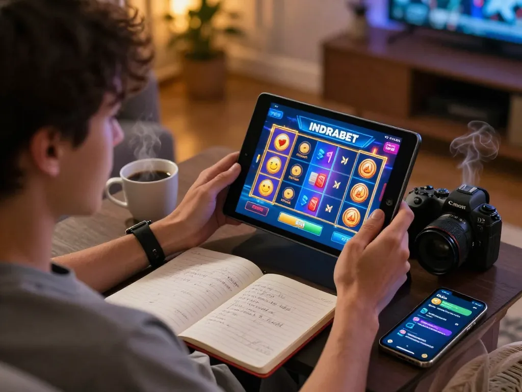 Player enjoying INDRABET slot game on a tablet in a cozy home setting