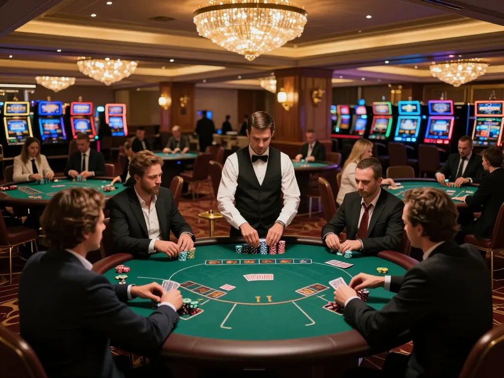 Players enjoying strategic poker gameplay at LGOLUX casino, luxurious atmosphere and warm lighting