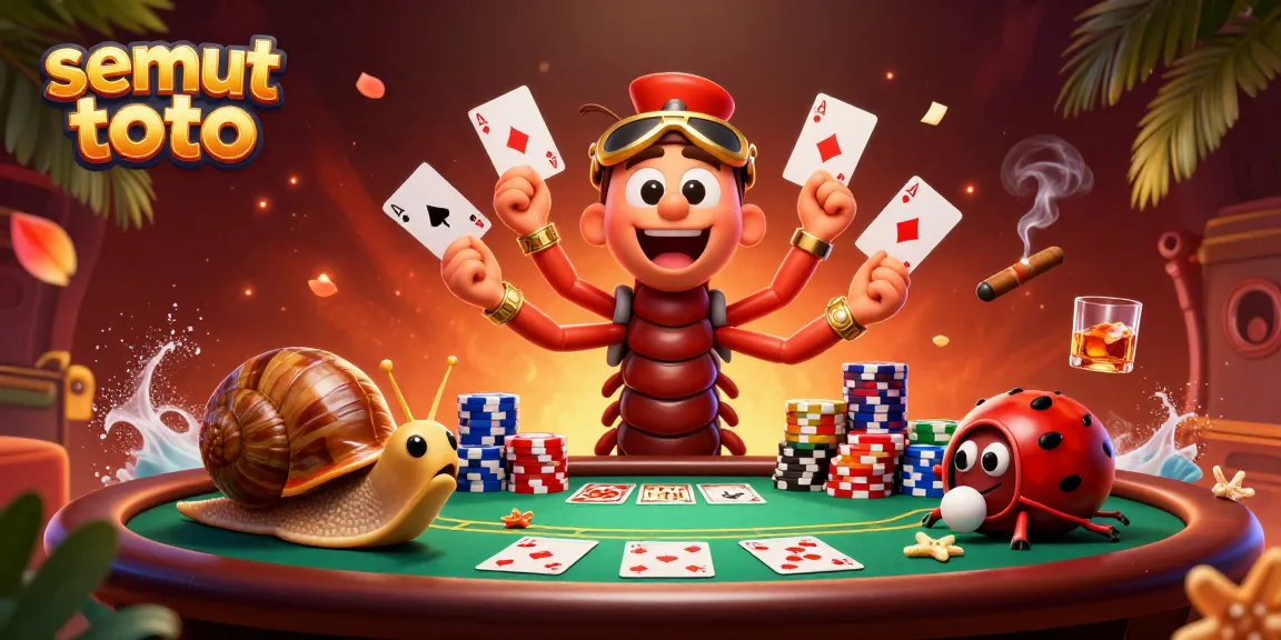 Semut toto mengadakan permainan poker dengan karakter dealer unik dan chip menumpuk berwarna-warni.