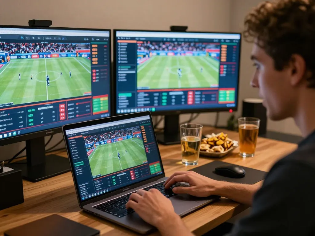 Pengguna 88Pulsa terlibat dengan pilihan taruhan olahraga langsung di laptop dalam suasana yang hidup.
