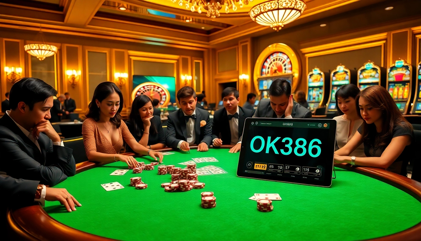 Engaged players at the OK8386 casino table, showcasing the excitement of high-stakes poker.