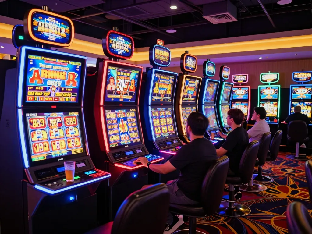 Players engaging with lively slot machines in vibrant casino area, capturing the thrill of nohu.