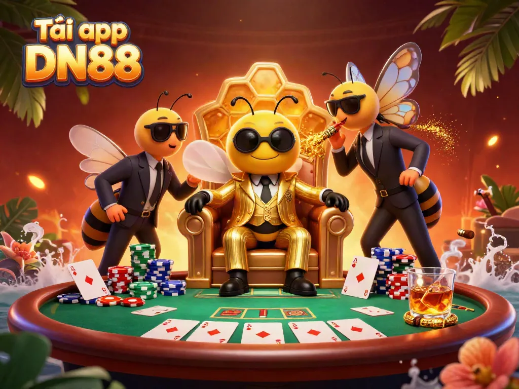 Tải app DN88 with cartoon bee mob boss and poker elements in a vibrant casino setting.