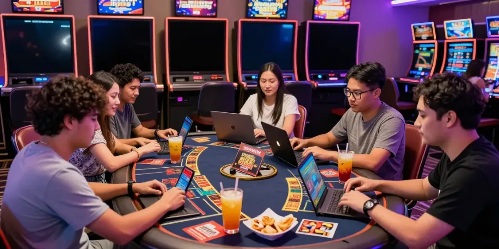 Friends enjoying an engaging unsurtoto online gaming experience in a vibrant lounge.