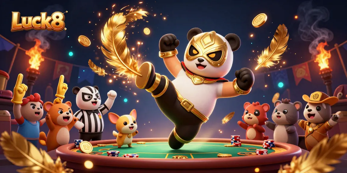 Engage with Luck8 Casino's excitement featuring a lively panda wrestler amidst vibrant casino elements.
