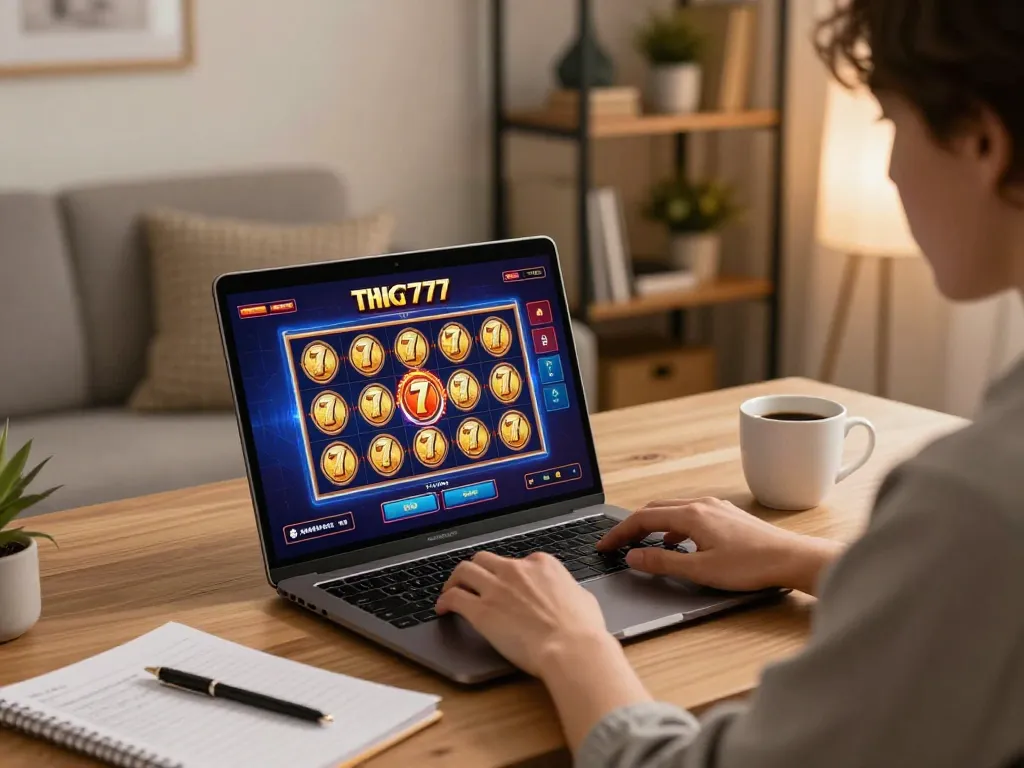 Engaging in slot777 gameplay on a laptop at home with strategy notes and a warm atmosphere.