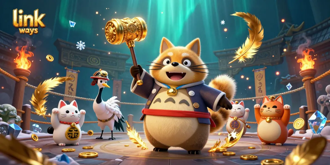 Play and win with link mahjong ways in a vibrant 3D illustration of Mahjong characters and casino elements.