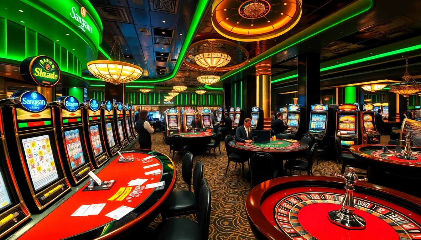 Experience the thrill of jagoan86 at a luxurious casino with vibrant gaming tables and slot machines.