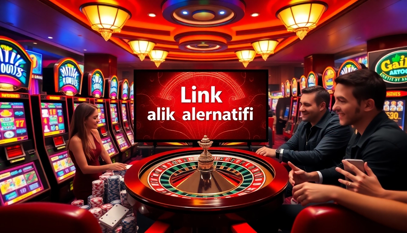 Experience the thrill of playing link alternatif slot in a vibrant casino setting, featuring slot machines and poker.