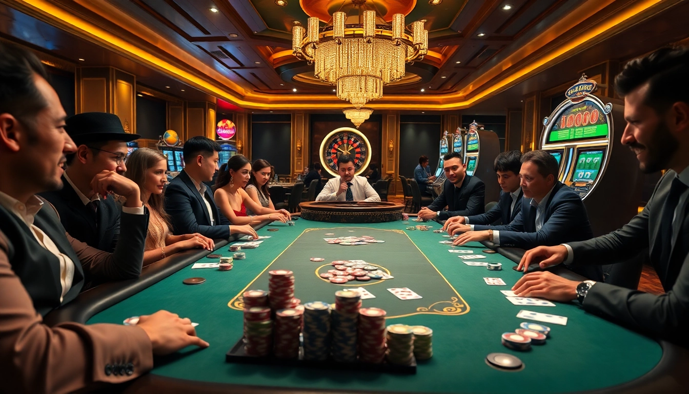 Excited players at Dominoqiu's luxurious poker table with vibrant chips and cards.