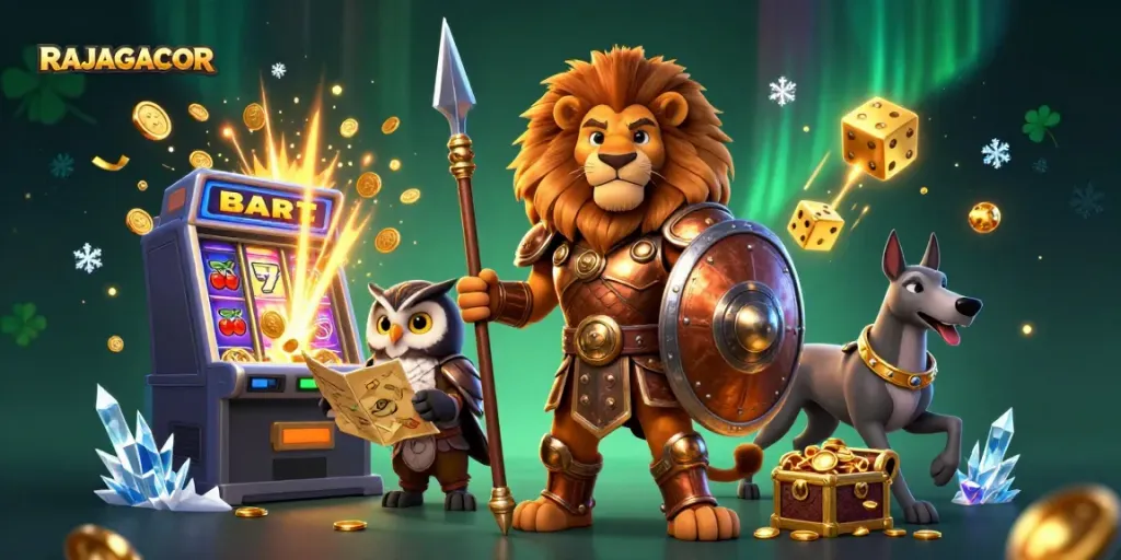 Visualisasi ilustrasi RAJAGACOR dengan slot gacor dan elemen kasino menyala