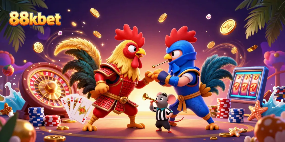 Experience intense action with 88kbet as fighting roosters face off, set against a vibrant casino backdrop.