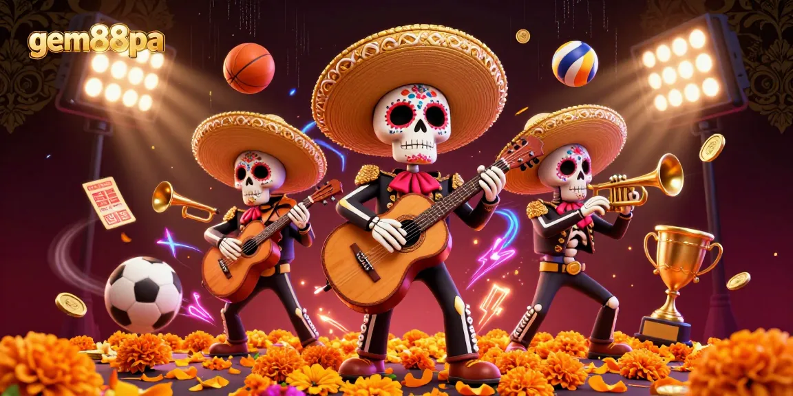 Experience thrilling gameplay at gem88pa with vibrant illustrations of a mariachi band amidst dynamic sports betting elements.