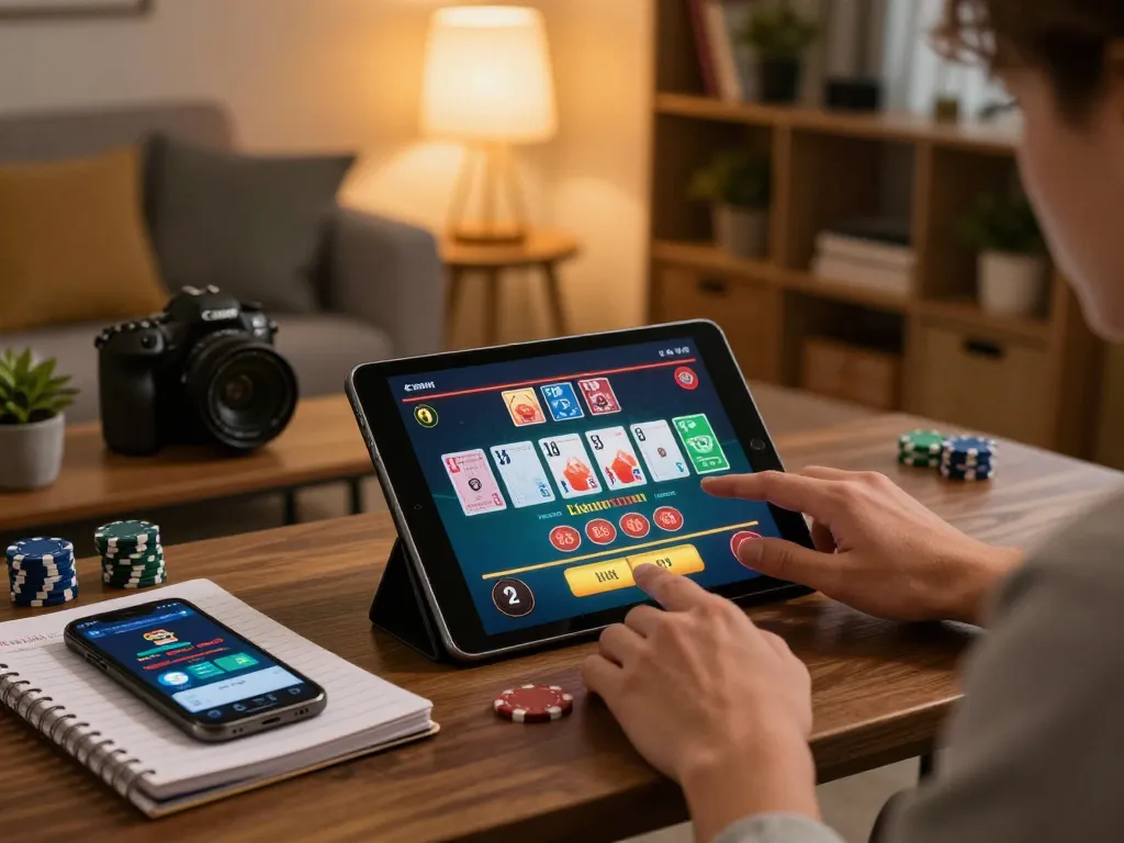 Kuwin player engaged in live dealer blackjack on tablet in cozy home setting, showcasing a vibrant gambling experience.