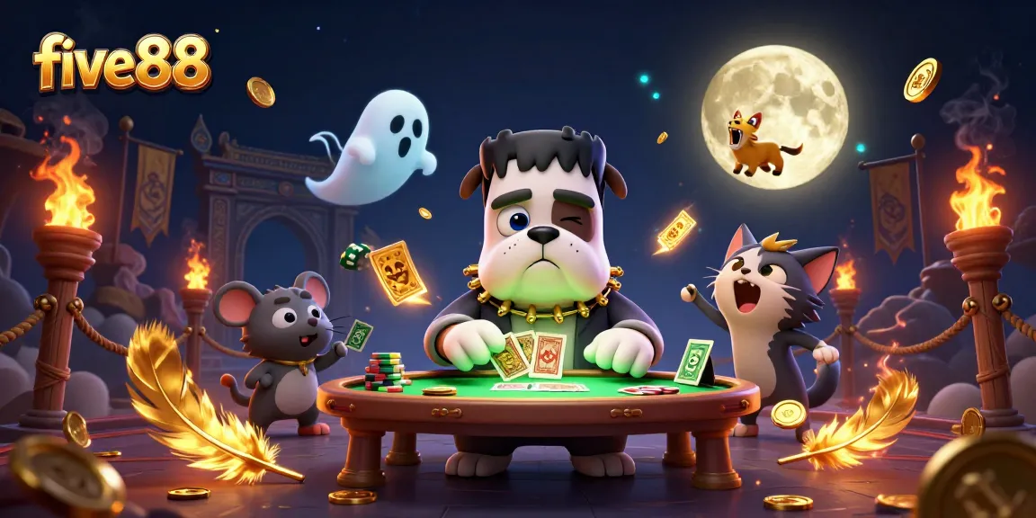 Join five88's thrilling casino adventure with a Frankenstein dog dealing cards amid ghostly excitement.