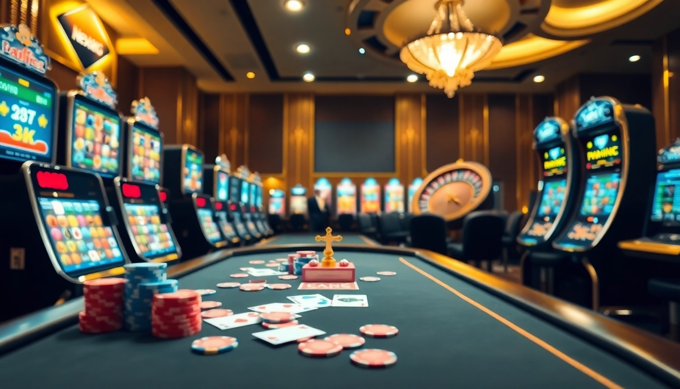 Experience the thrill of New888 with a vibrant online casino scene featuring poker tables and roulette wheels.