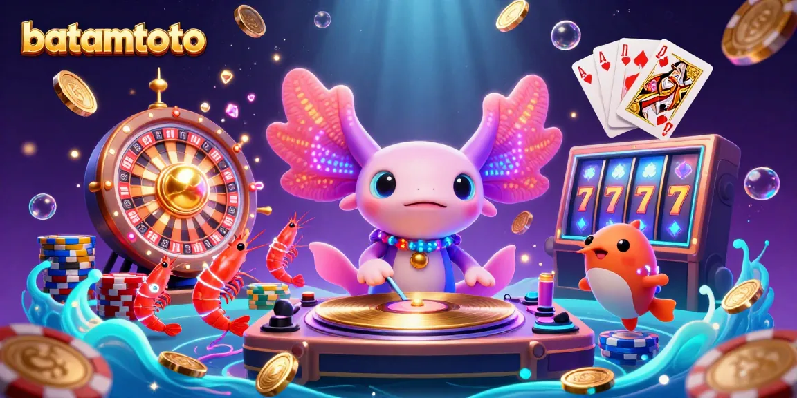 Experience the vibrant energy at batamtoto with an axolotl DJ and dynamic casino elements.