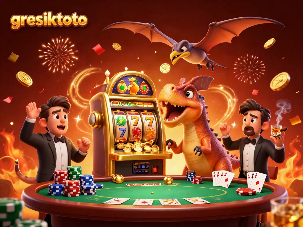 GRESIKTOTO mempersembahkan jackpot emas dengan slot dan karakter ceria di kasino yang modern.