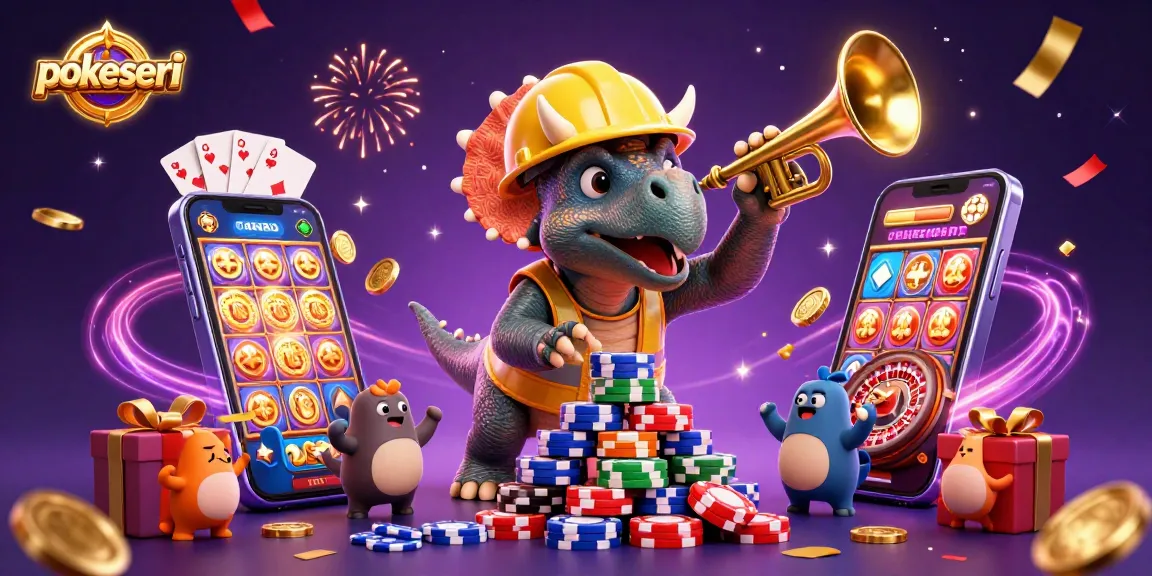 Pokerseri menghadirkan gambaran penuh warna dari dinosaurus bermain poker dengan chip dan perayaan, menyemarakkan permainan.