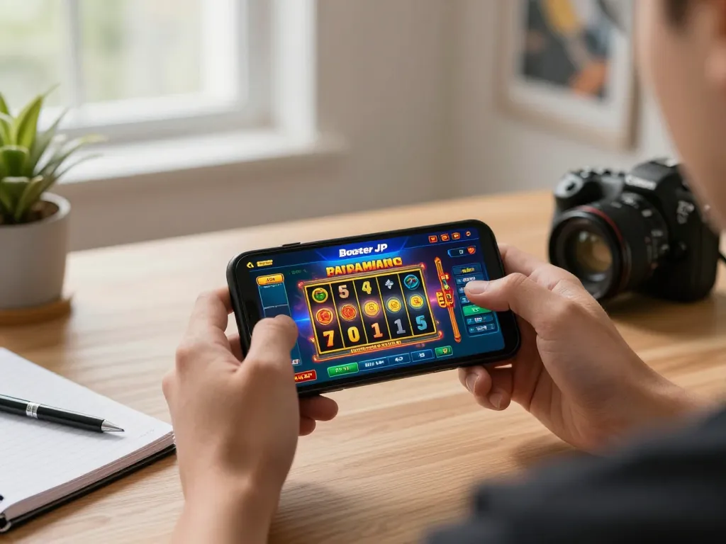 Player winning on Booster JP online slots with smartphone, showcasing vibrant gaming interface and strategic setup.