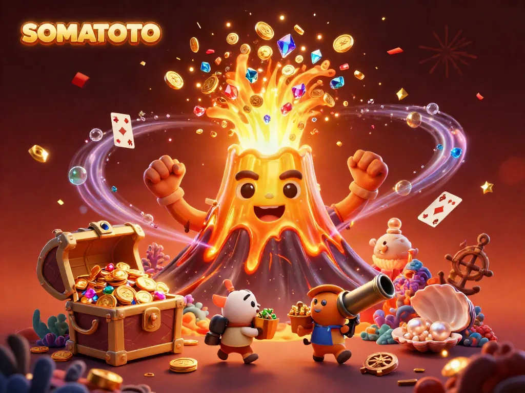 SOMATOTO showcases thrilling gameplay with a golden volcano and treasure-laden adventure.