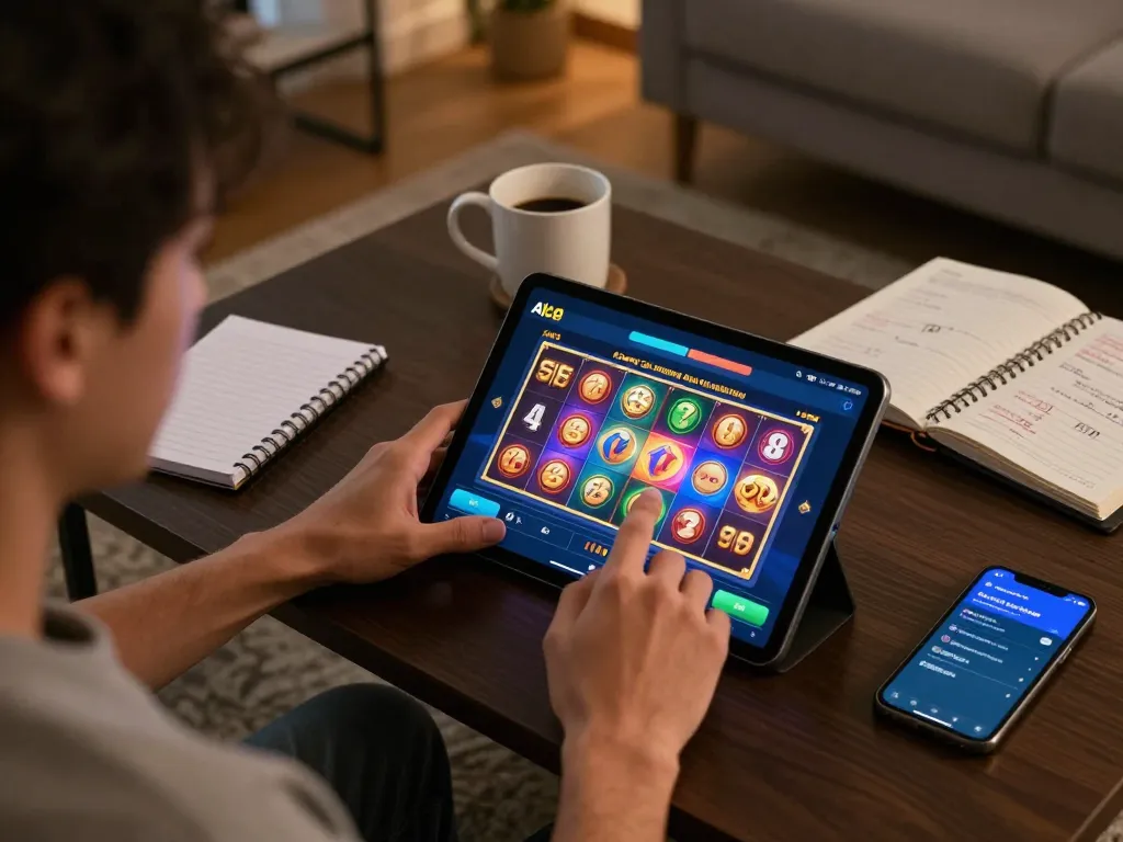 Player using alo8 app for online slots in a cozy home setting, showcasing interactive gaming