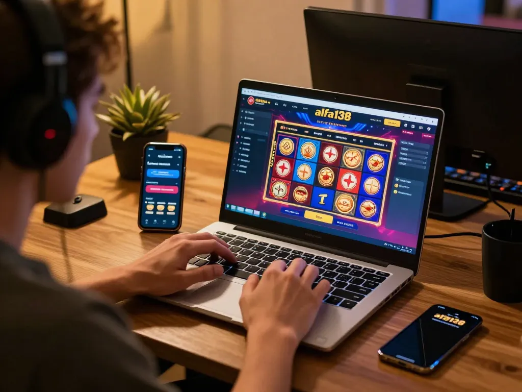 Pemain yang terlibat menggunakan alfa138 untuk perjudian online dengan grafik permainan slot yang cerah.