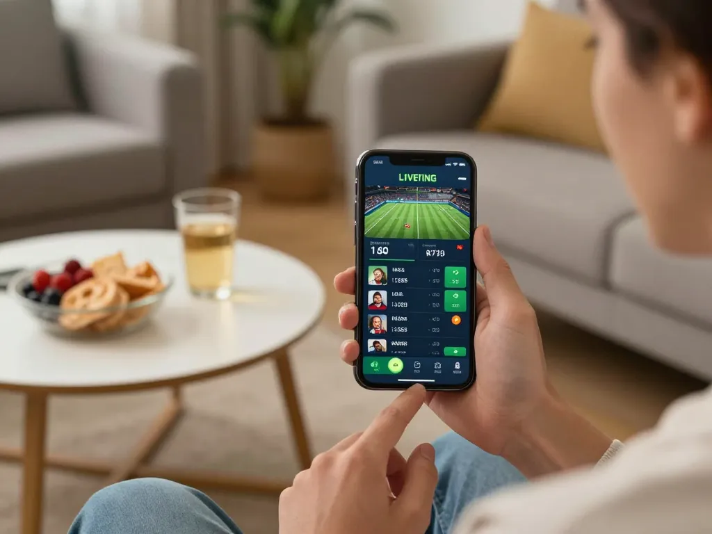 79king online sports betting session on smartphone with live odds in modern living room.