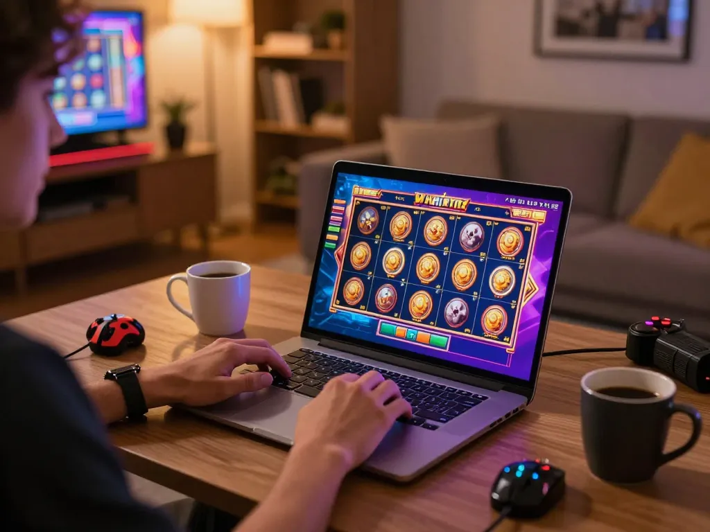 Player enjoying 78win slot games on a laptop with colorful visuals and strategic gaming accessories.
