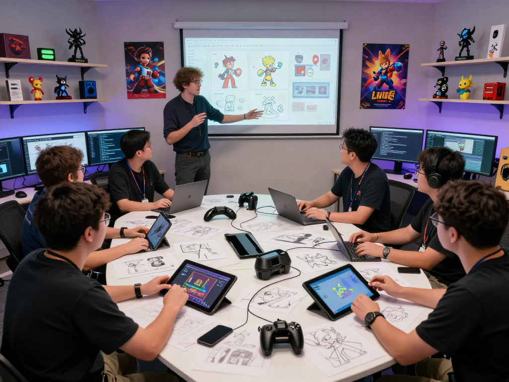 Tim pengembang game berkolaborasi membuat desain inovatif untuk alexistogel di studio kreatif.