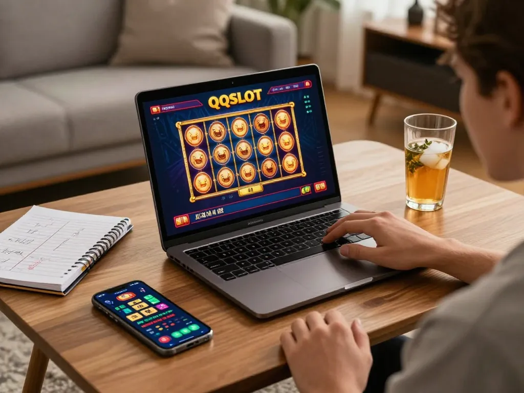 Player engaging with QQSLOT online casino on a laptop in a cozy living room.