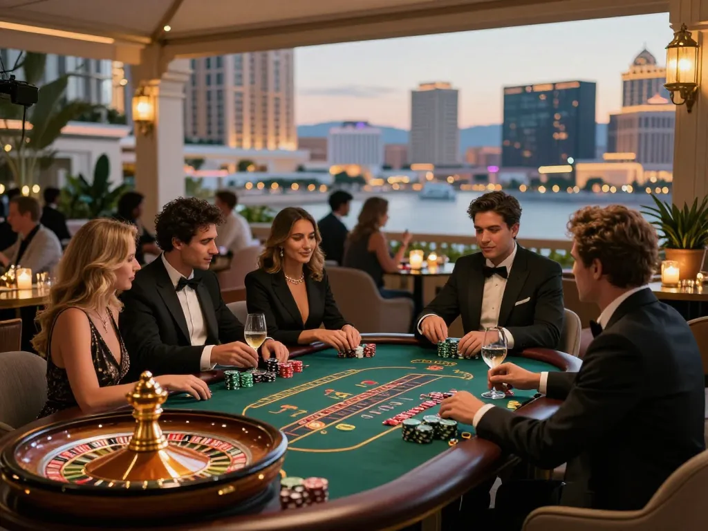 Guests strategizing at the outdoor terrace of https://hi88.casino/ with roulette and poker chips enhancing the atmosphere.