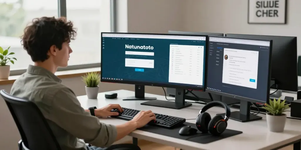 Menampilkan proses natunatoto login di ruang kerja modern dengan aksesori gaming.