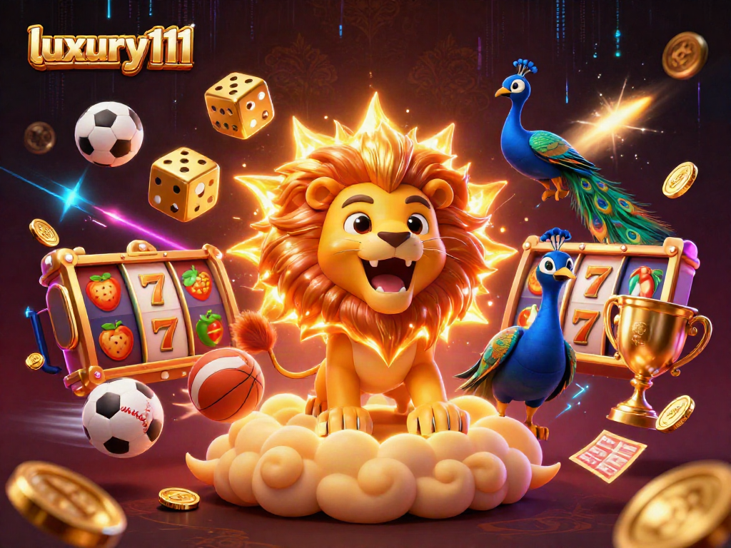 Engage in exciting slots at luxury111 with a dynamic 3D casino scene featuring a roaring lion and golden dice.