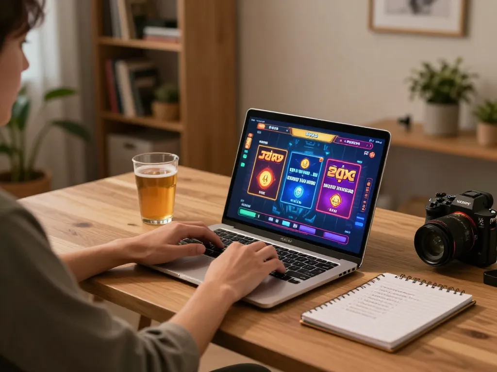 Engaged player enjoying slots at home using kong 88 gaming platform on a laptop, cozy atmosphere.