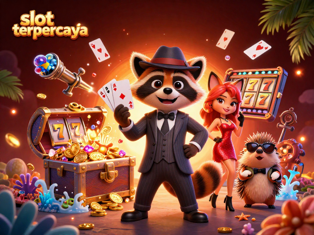 Slot terpercaya menang besar dengan gaya dalam ilustrasi kartun yang kaya detail dan elemen permainan.