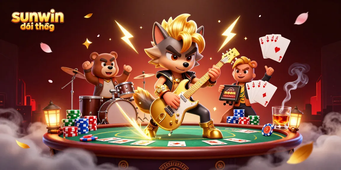 Engage in sunwin đổi thưởng with vibrant 3D casino scene featuring rock star wolf and poker elements.