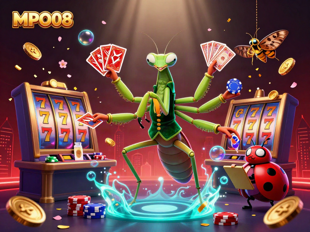 MPO08 showcases thrilling slot action with vibrant characters and dynamic casino elements in a festive atmosphere.
