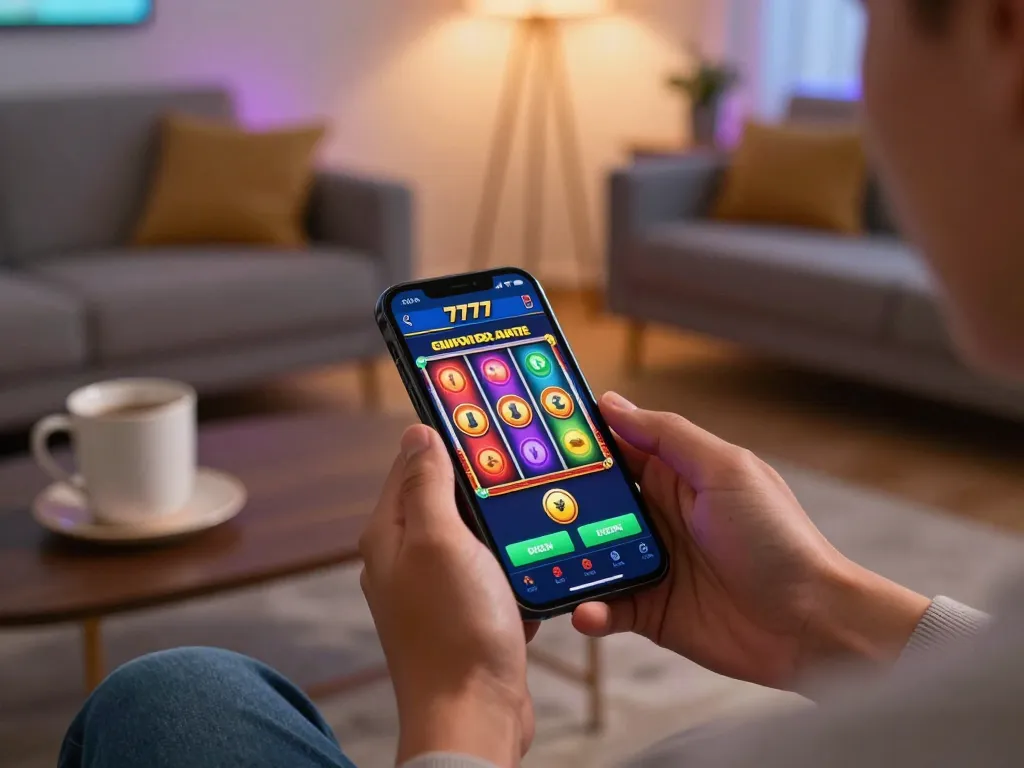 Berinteraksi dengan permainan slot777 di smartphone di ruang tamu yang nyaman.