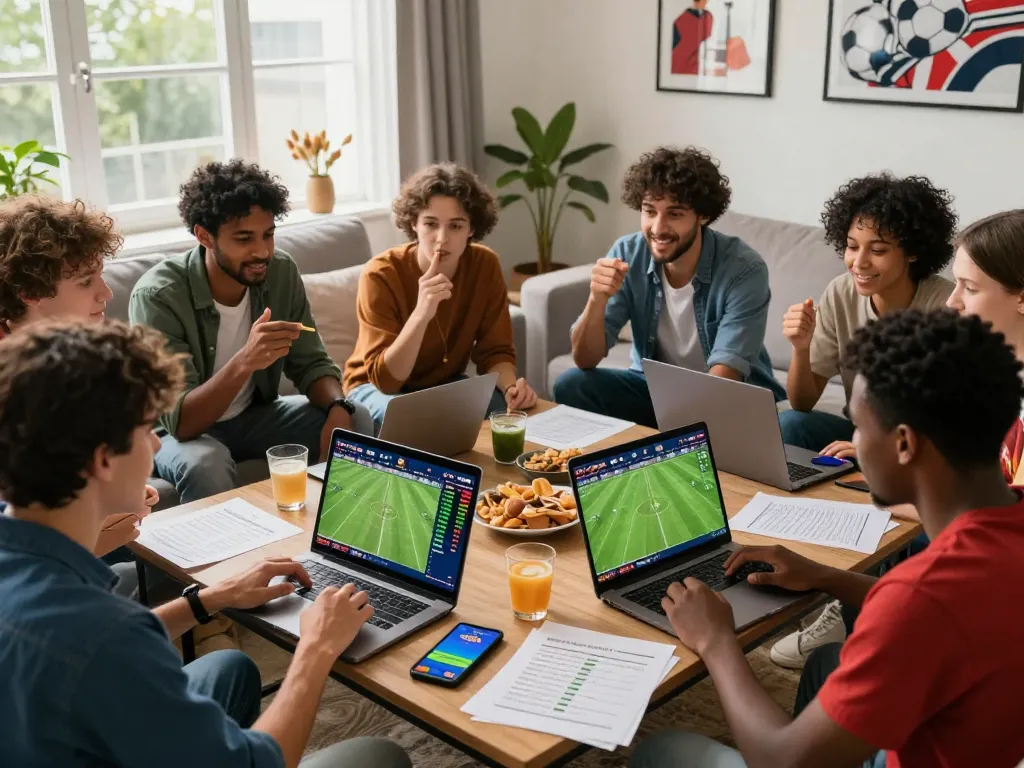 Group analyzing kèo nhà cái in a lively sports betting atmosphere with laptops and snacks.