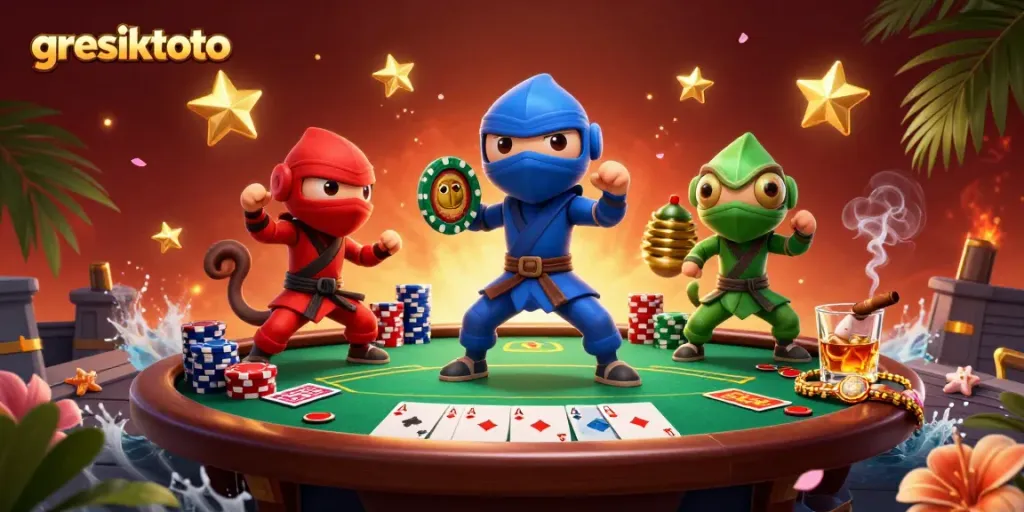 Engage with GRESIKTOTO's vibrant scene as ninja chameleons showcase poker gameplay action.