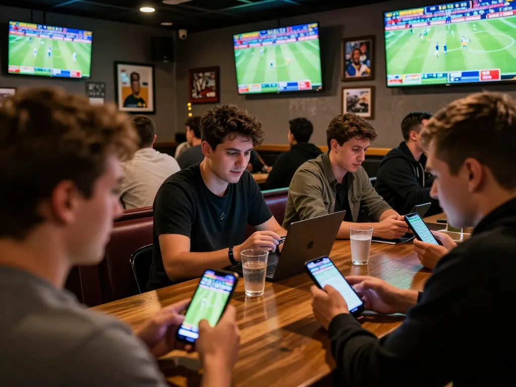 Engaged bettors analyzing odds at https://ta88at.com/ in a lively sports betting environment, showcasing excitement and strategy.