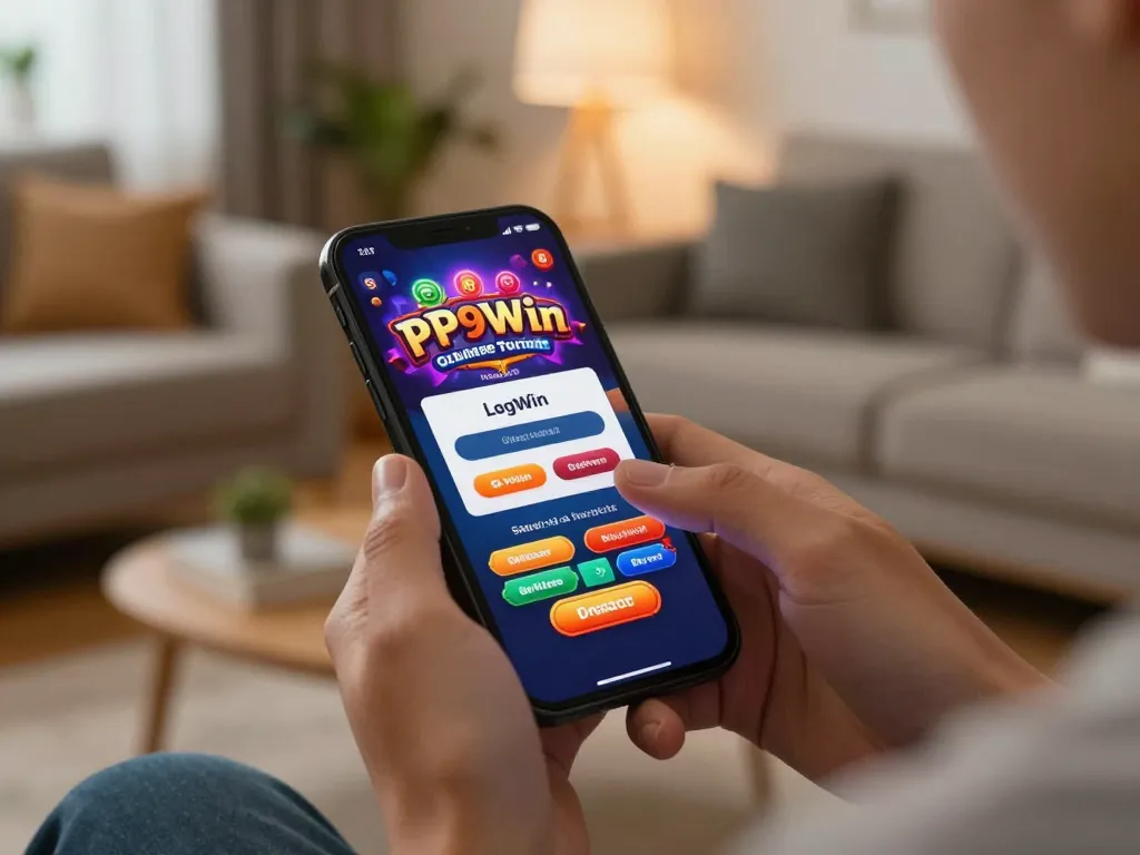 Engaging in PP9Win Login for online gaming on a smartphone in a cozy living room setting