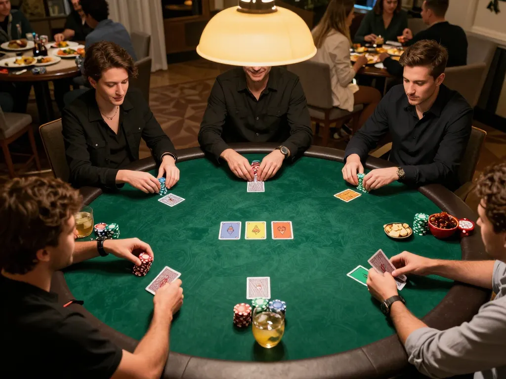 Players engaged in a dynamic poker game at ALO8 with chips and cards displayed, creating a vibrant social atmosphere