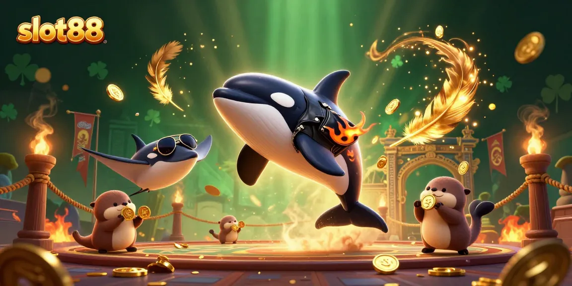 Experience thrilling slot88 games with cartoon orca, stingray, and otters in golden coins.